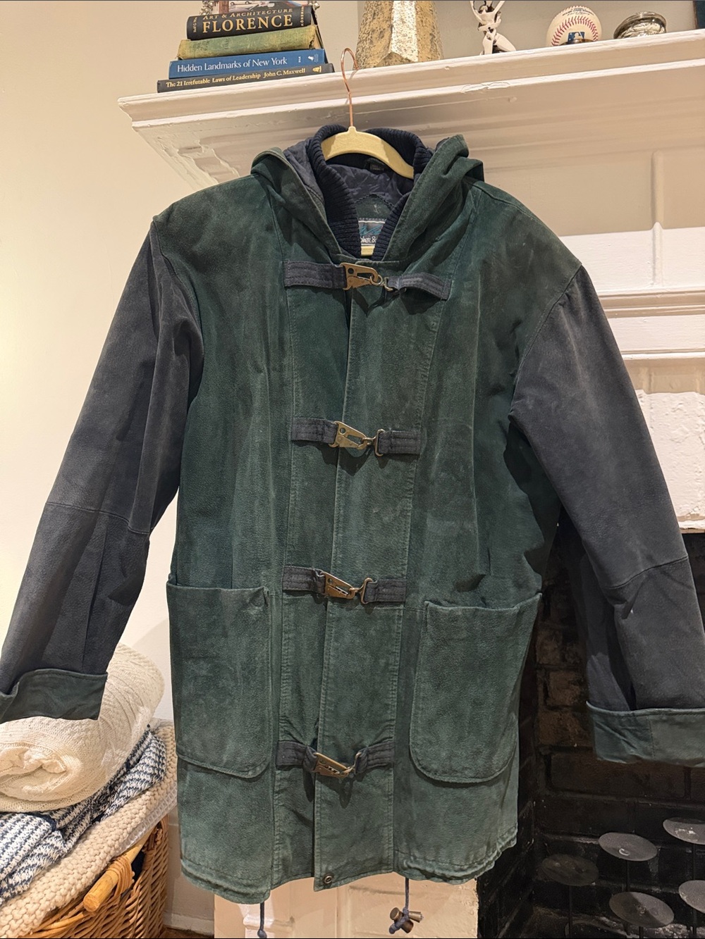 Christopher & Banks Forest Green and Navy Hooded Toggle Pea Coat